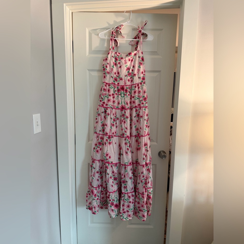 crown & ivy Pink Floral Tiered Maxi Dress with Tie Straps